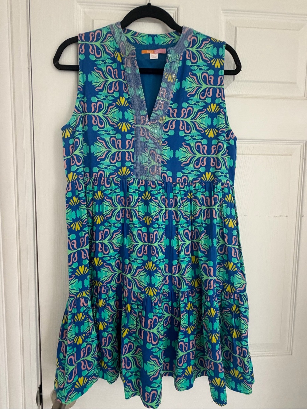 Briton Court Cotton Palm Beach Print Dress Sequin Neckline Medium Resort